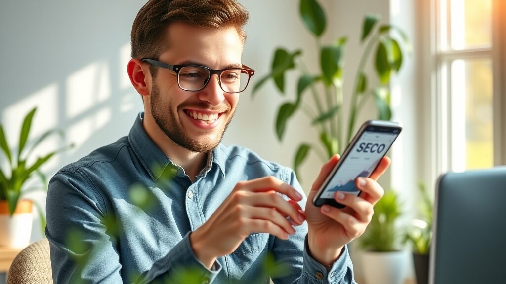 Motivated website owner viewing increased organic traffic analytics on smartphone