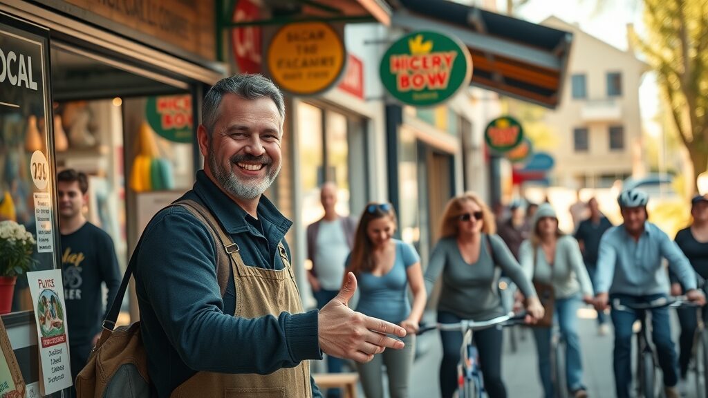 local content marketing strategy vibrant local storefronts welcoming business owner busy street lively community