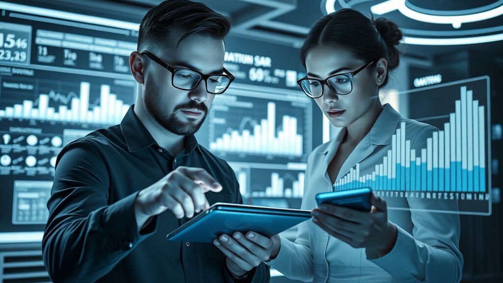 Analytical marketers reviewing data analytics for local content marketing strategies