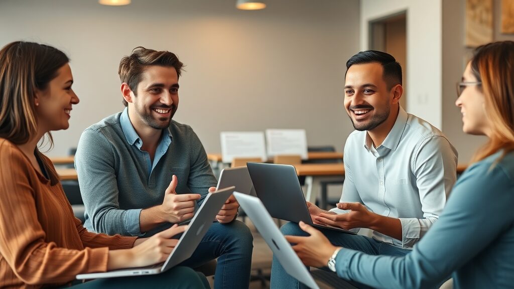 Professionals discussing guest blogging strategies to drive website traffic without paid ads in a coworking space