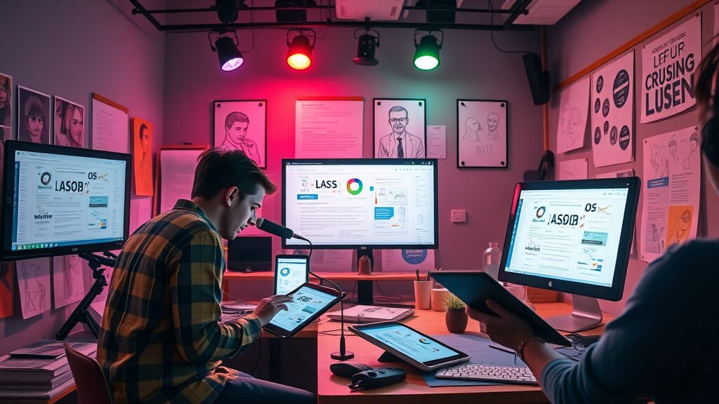 Creative team repurposing content as infographics and podcasts to broaden website traffic without paid ads