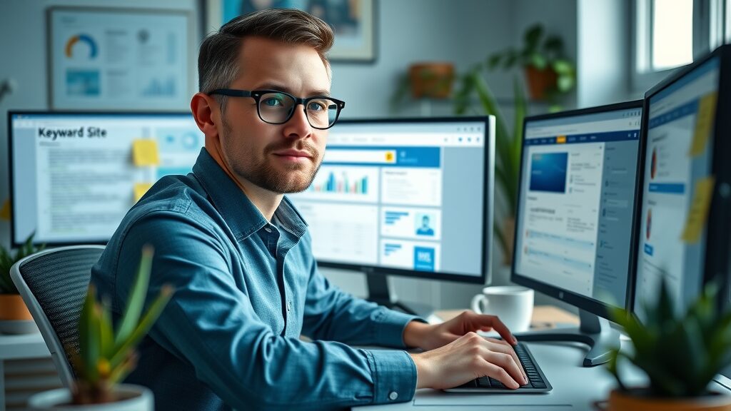 SEO professional analyzing keyword research and technical site audits to improve website traffic without paid ads