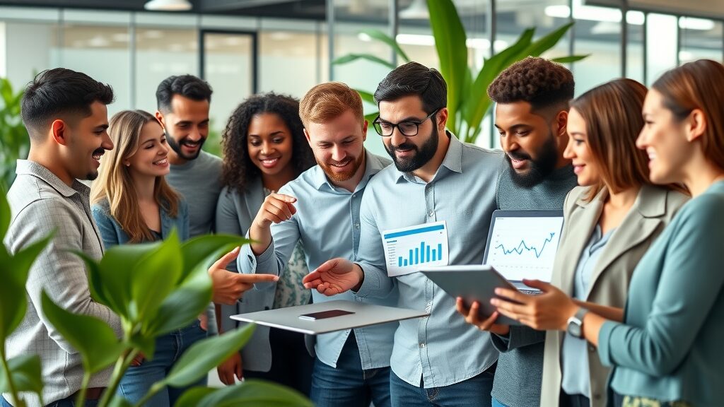 Vibrant group of digital marketers analyzing website analytics for boosting website traffic without paid ads in a modern office environment