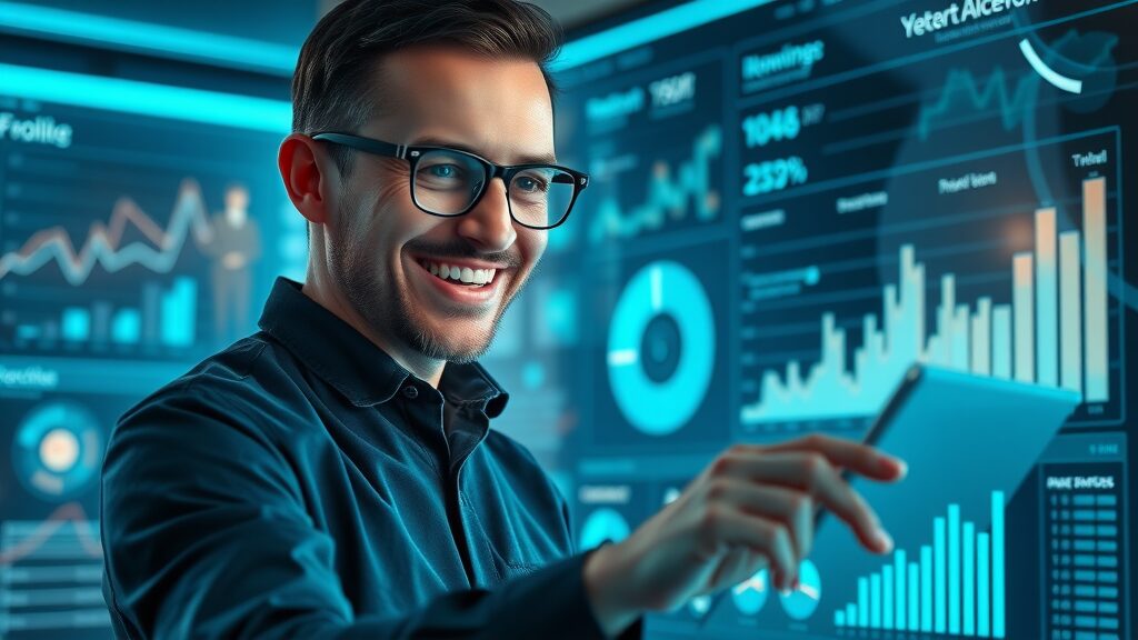 focused analyst reviewing KPI dashboard data local content marketing strategy