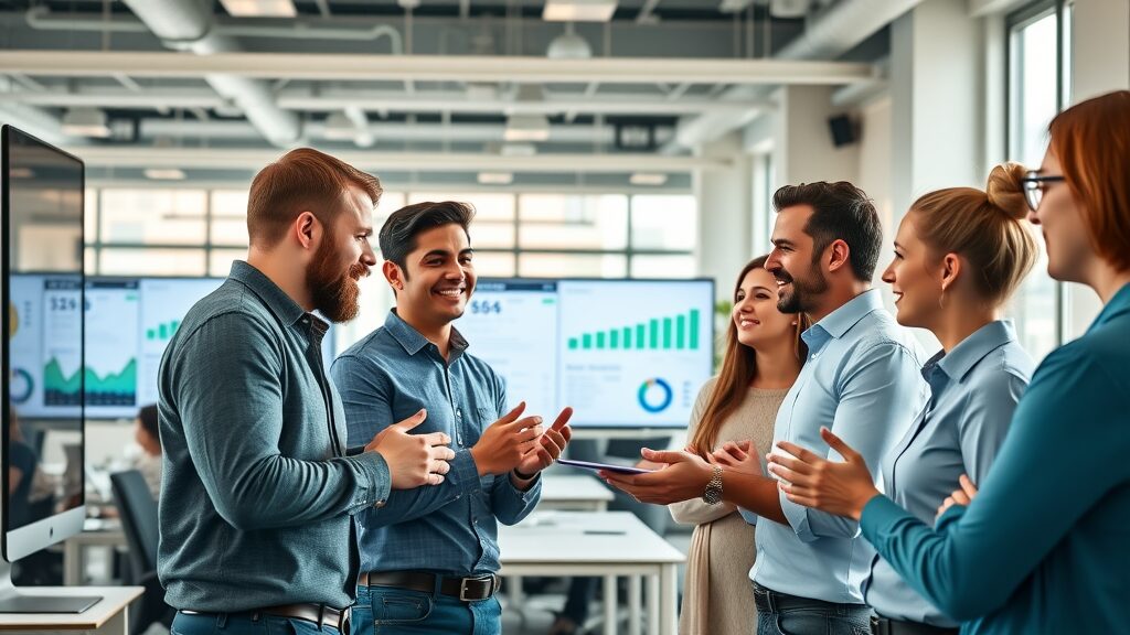 increase organic traffic strategies marketing team collaborating in a modern office workspace with SEO analytics on digital screens