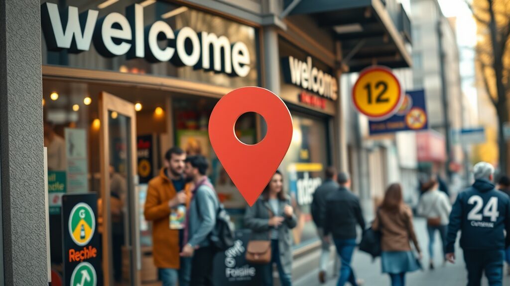 vibrant local business storefront displaying Google Maps pin, google local pack on city street
