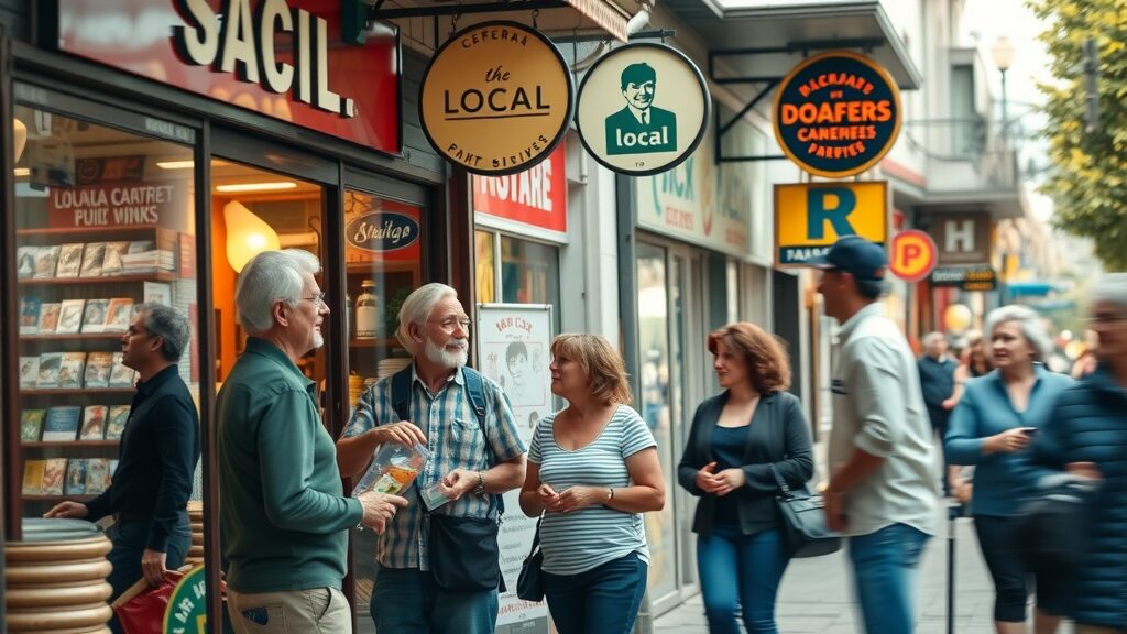 Vibrant local business storefronts with owners and customers, showcasing community engagement - local content marketing strategy