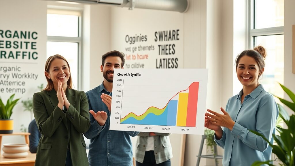 Excited startup team reviewing organic website traffic gains after consistent blogging