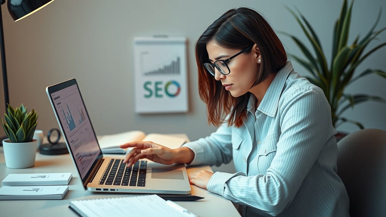 organic traffic strategies digital marketer researching keywords with analytics dashboard