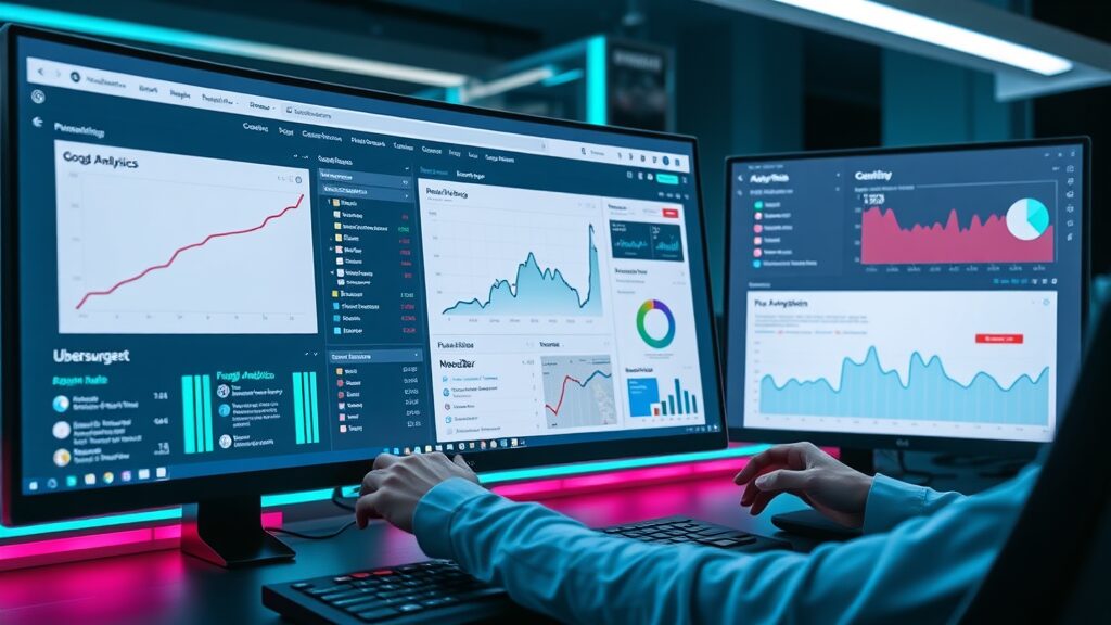 Modern desktop displaying free website analytics and SEO tools for monitoring and growing website traffic without paid ads