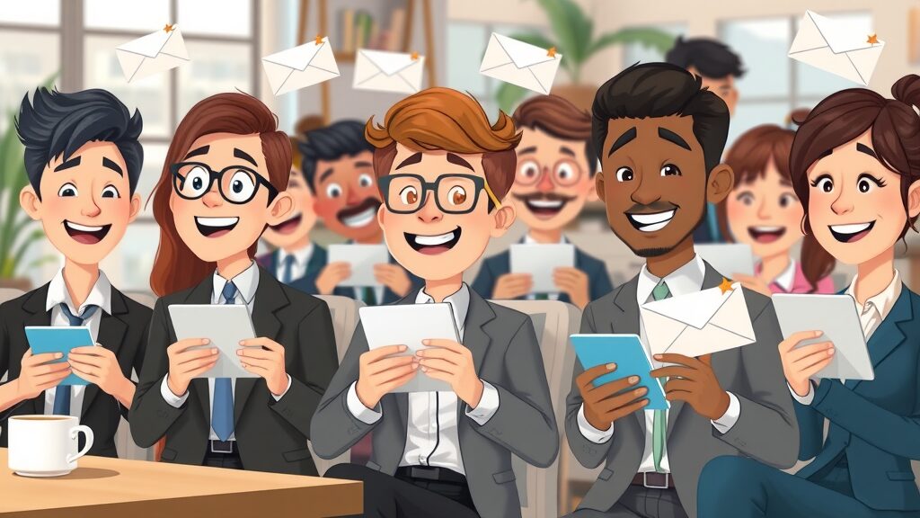 Animated audience checking personalized email newsletters, helping drive ongoing website traffic without paid ads