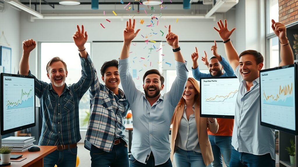 Diverse marketing team celebrating increased organic traffic in website analytics case study