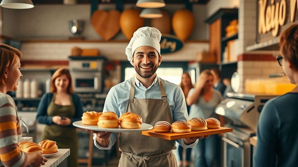 Joyful bakery owner with customers - local content marketing strategy success story