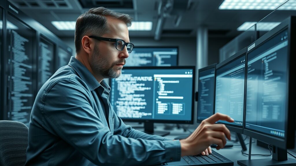 Technical SEO specialist reviewing website code to improve organic search performance