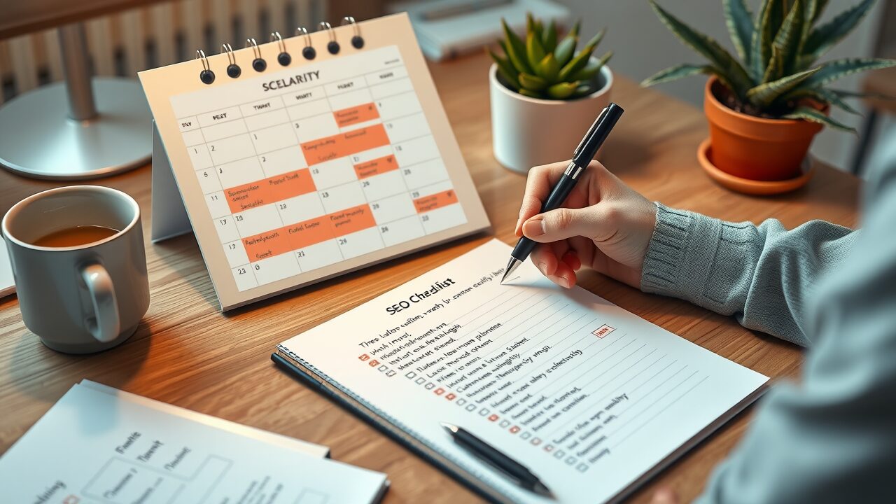 increase organic traffic strategies content planner desk with SEO strategy points and calendar