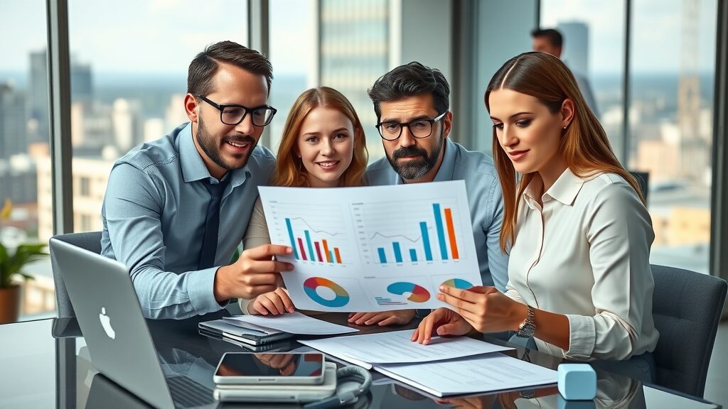 analytical business team reviewing charts local content marketing strategy local market results