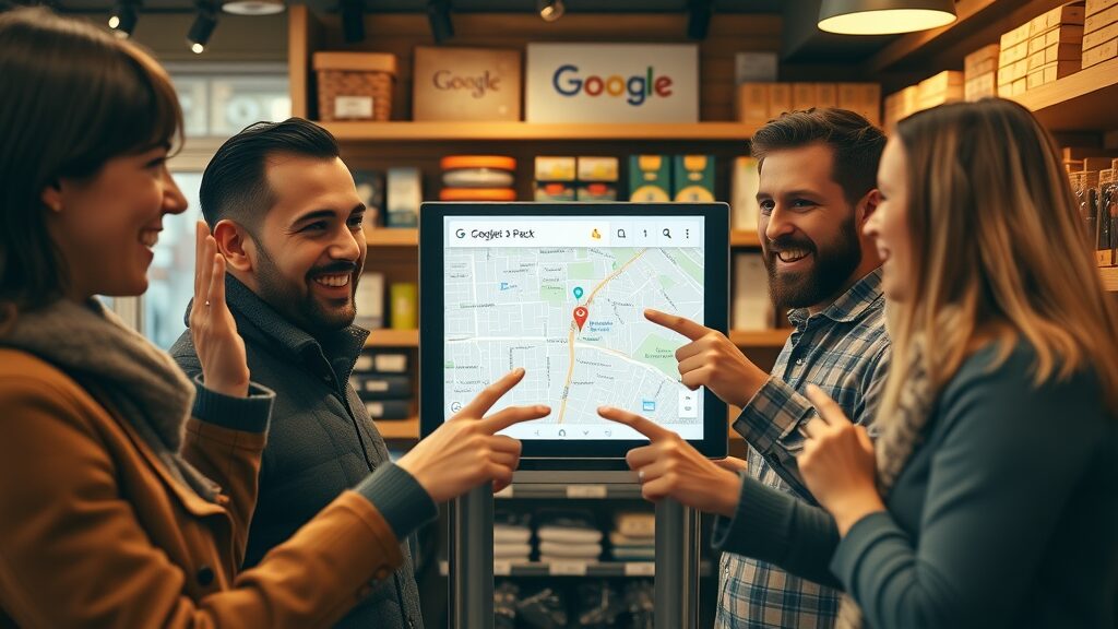 engaged shoppers at a retail store interacting with Google 3-Pack digital map interface