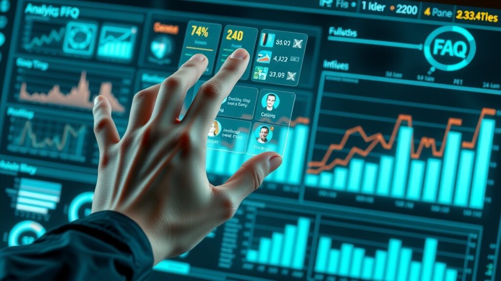 Hand interacting with website analytics dashboard exploring SEO FAQs and data visualizations
