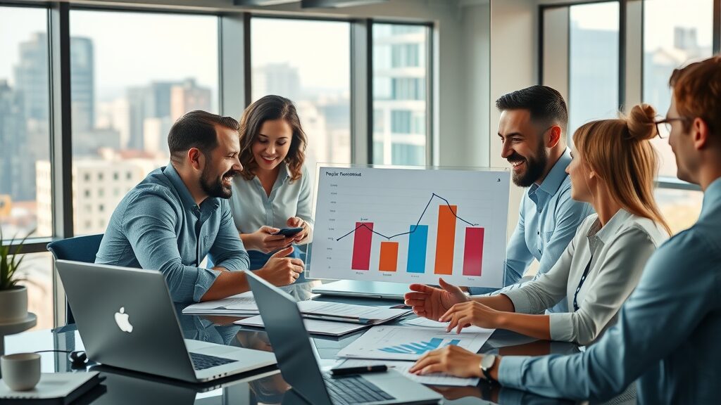 Digital marketing professionals analyzing organic traffic growth charts in a modern agency workspace