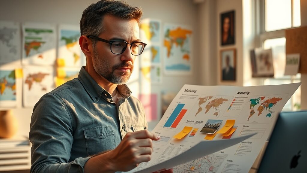 ambitious small business owner creating local content marketing strategy mapped out on desk